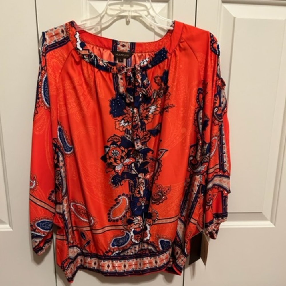 Orange Print Blouse with Elastic Waist and Cutout Shoulder